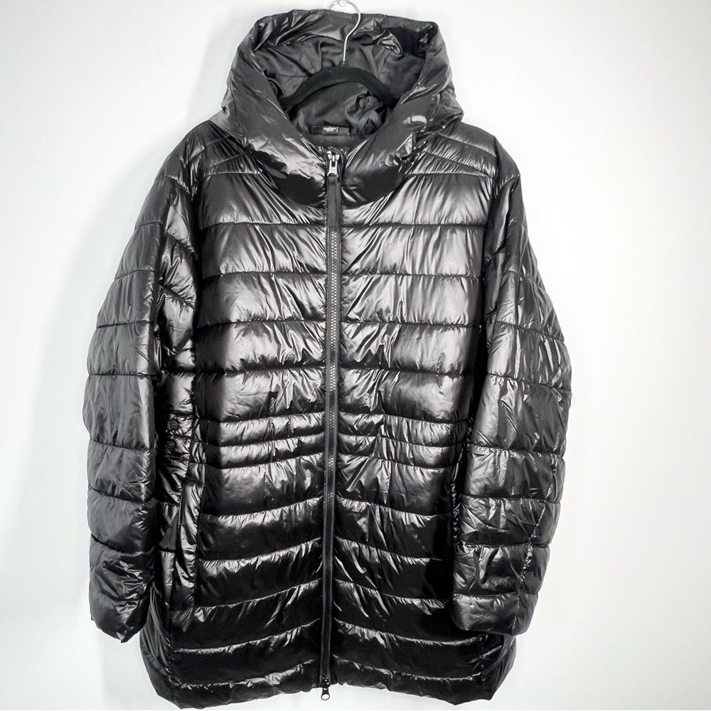 Swiss Tech Shiny Black Puffer Jacket Hooded Packable Mid Length 1X 16W-18W